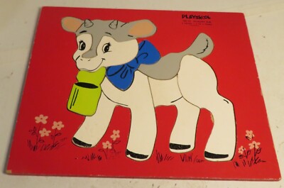 Vintage Playskool Wooden Puzzle Wood Tray Baby Goat HUNGRY KID 165-10 8 pc #2