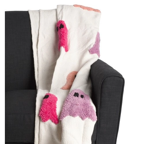 Boo Tufted Ghosts Cute Luxury Throw Blanket Handcrafted in India Tassel Hallowee - Image 3 of 4
