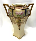 Antique Nippon Porcelain Vase Hand Painted Floral Design Moriage Gilded w/ Gold