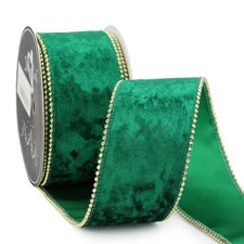 2.5 Inch Green Crushed Velvet Wired Ribbon Gold Edge Craft Christmas 10 Yards