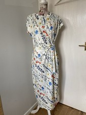 Shein Women’s Floral Midi Dress Cream Side Tie Stretch Size L UK 12 EU 40/42