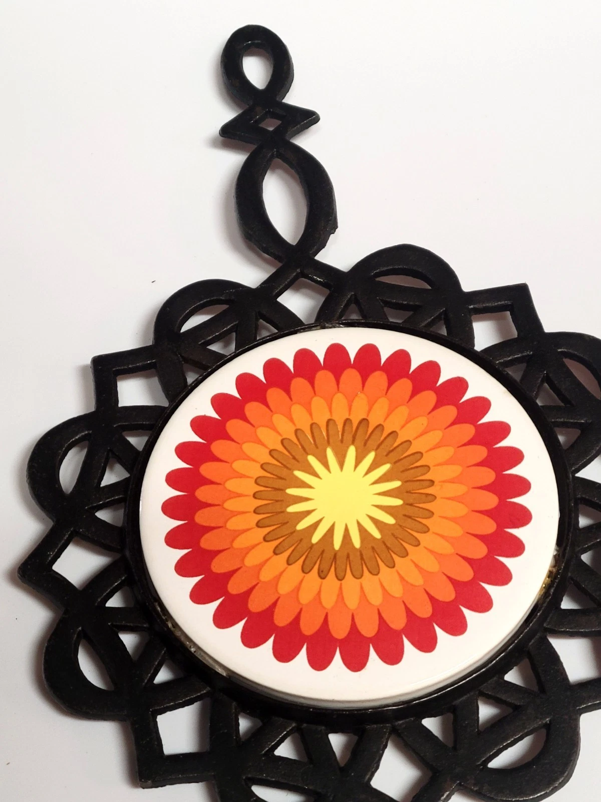 vintage 1970s psychedelic floral cast iron trivet and hot pad - product detail image 11