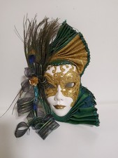 Venetian Style Mask Small Decorative Wall Hanging Green & Gold Peacock Feathers 