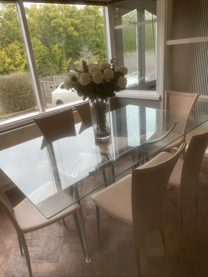 Glass Dinning Table with Hand Made Leather Chairs X6 In Pink Metal Frame VGC - Image 3 of 4