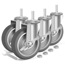 4 Inch 3/8-16x1 Threaded Stem Caster Wheels with Brake, Set of 4 Heavy Grey 
