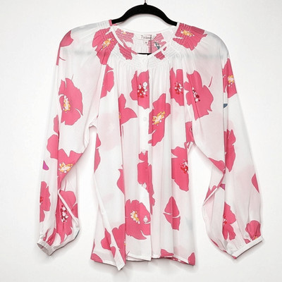 Tucker NYC Clara Classic Blouse Blush Poppies Silk Crepe de Chine Top Floral XXS