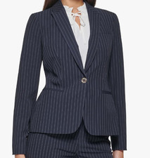 Tommy Hilfiger Women's Pinstriped One-Button Blazer Midnight Ivory Size 8 NWT