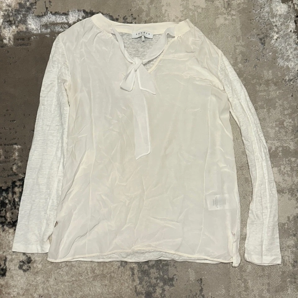 Sandro (US 2) Womens Seiren Silk Linen Tie Blouse Parisian Style s Cream - Image 2 of 4