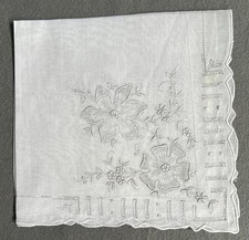 88 Vintage White Cotton Hankie Floral Embroidered Hemstitching Scalloped Edges