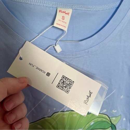 ROMWE x Beereckless Women’s Size Small T-Shirt Cartoon Frog Graphic Tee Blue - Picture 7 of 9