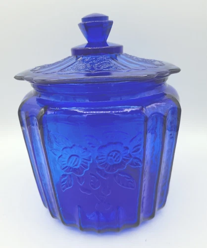 Vtg Cobalt Blue Depression Glass Biscuit Jar Canister w Lid Mayfair Open Rose