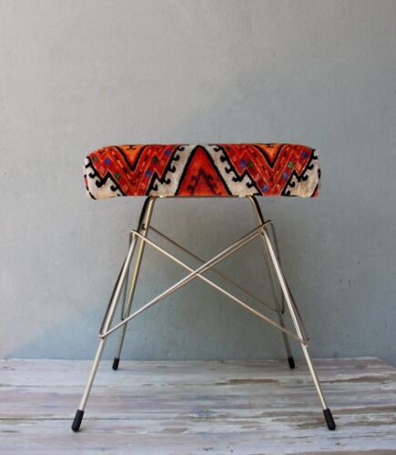 Mid-century Stool, Geometric Chair, Embroidered Stool, Pouf, Art Deco Style Vint - Picture 6 of 10