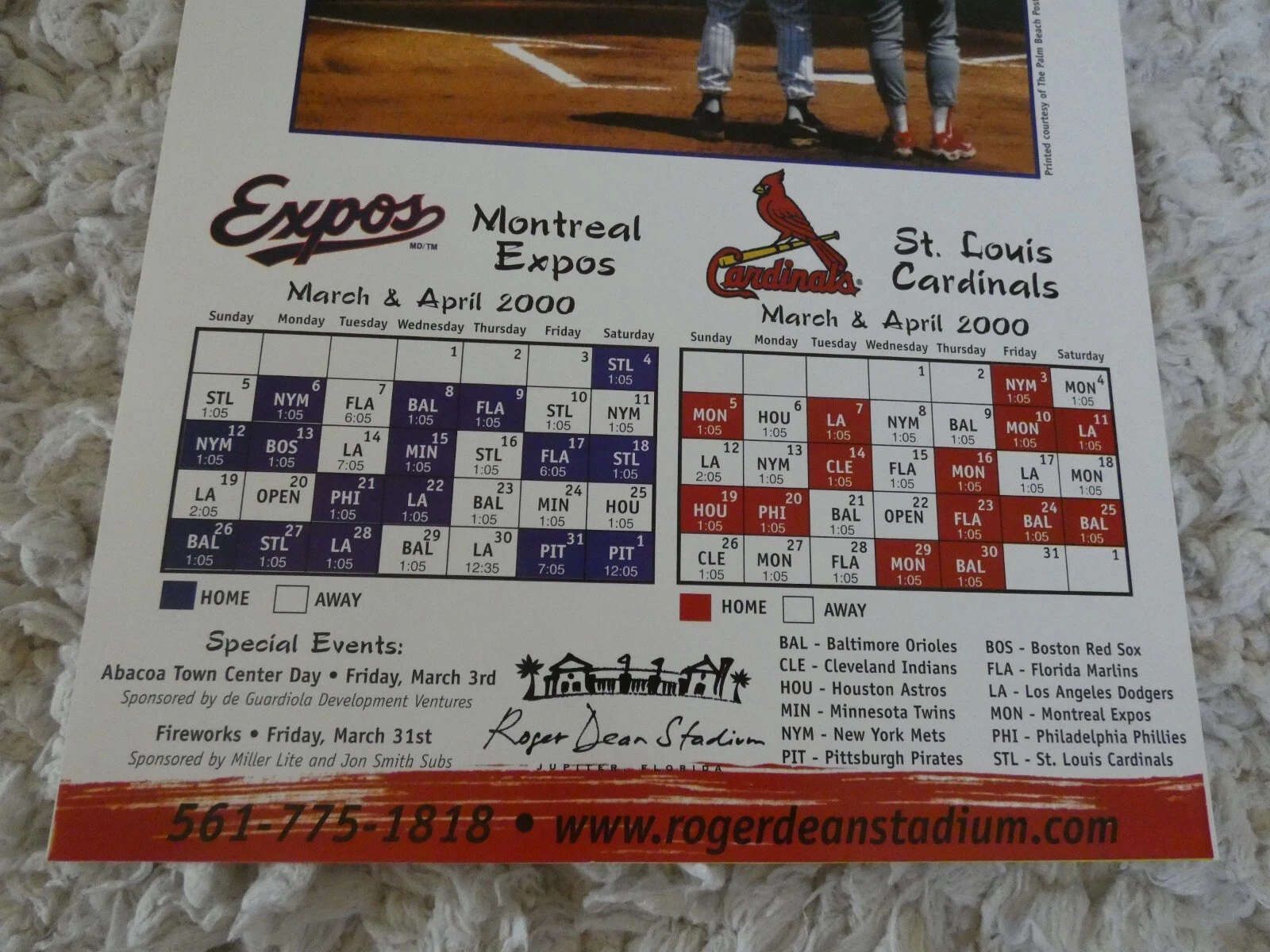 2000 - Montreal EXPOS & STL CARDINALS - Spring Training Poster SCHEDULE - Rare