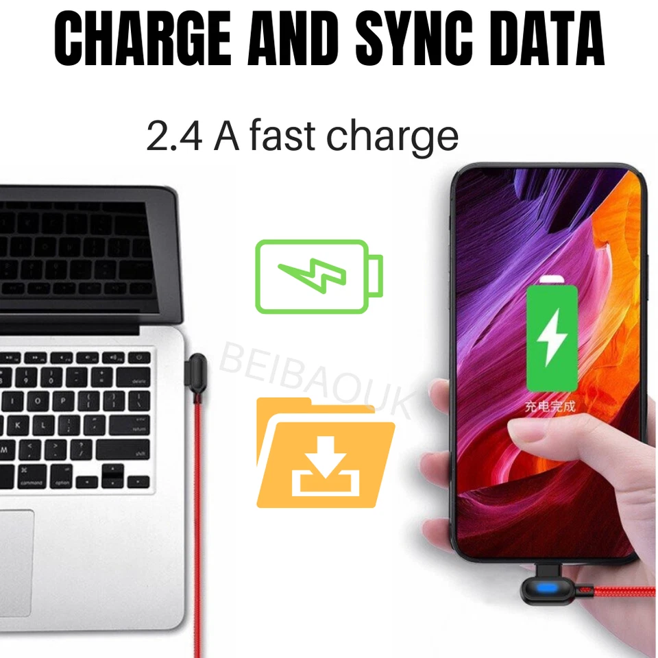 2PACK 6Ft 90 Degree Braided USB Charger Cable For iPhone 11 X 8 7 iPad Data Cord - Image 3 of 4