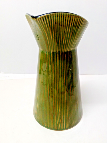Vintage Colorado Bello Ceramic Green With Yellow Stripe Juice Pitcher 10" Tall - Picture 3 of 10