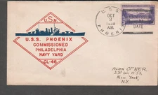1938 cachet cover cruiser USS Phoenix CL-46 commissioned Philadelphia Navy Yard