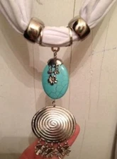 Beautiful White Scarf w/Turquoise Stone Necklace Design (70" Long) (NWOT)