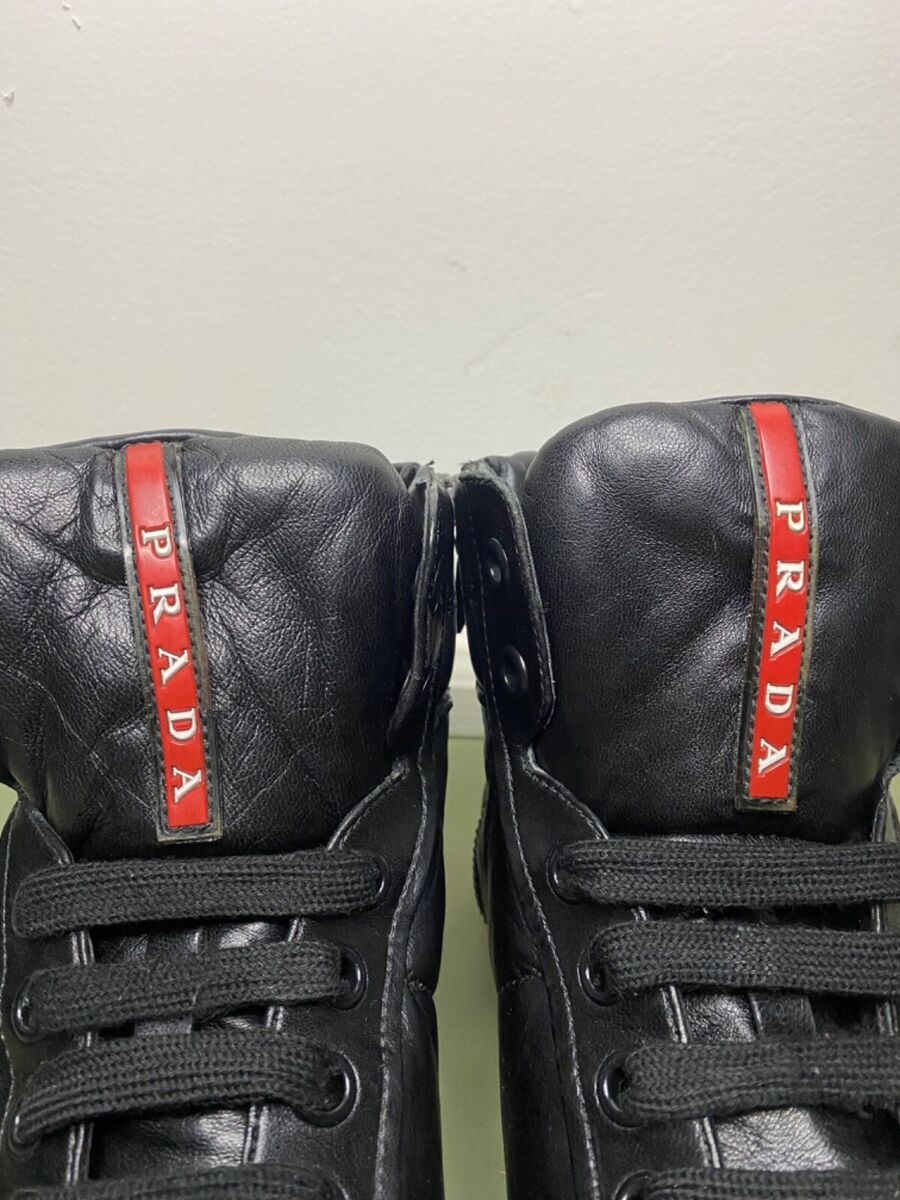 Prada 4T2596 Red Stripe Leather High Top Sneakers in Black Prada 4T2596 Red Stripe Leather High Top Sneakers in Black