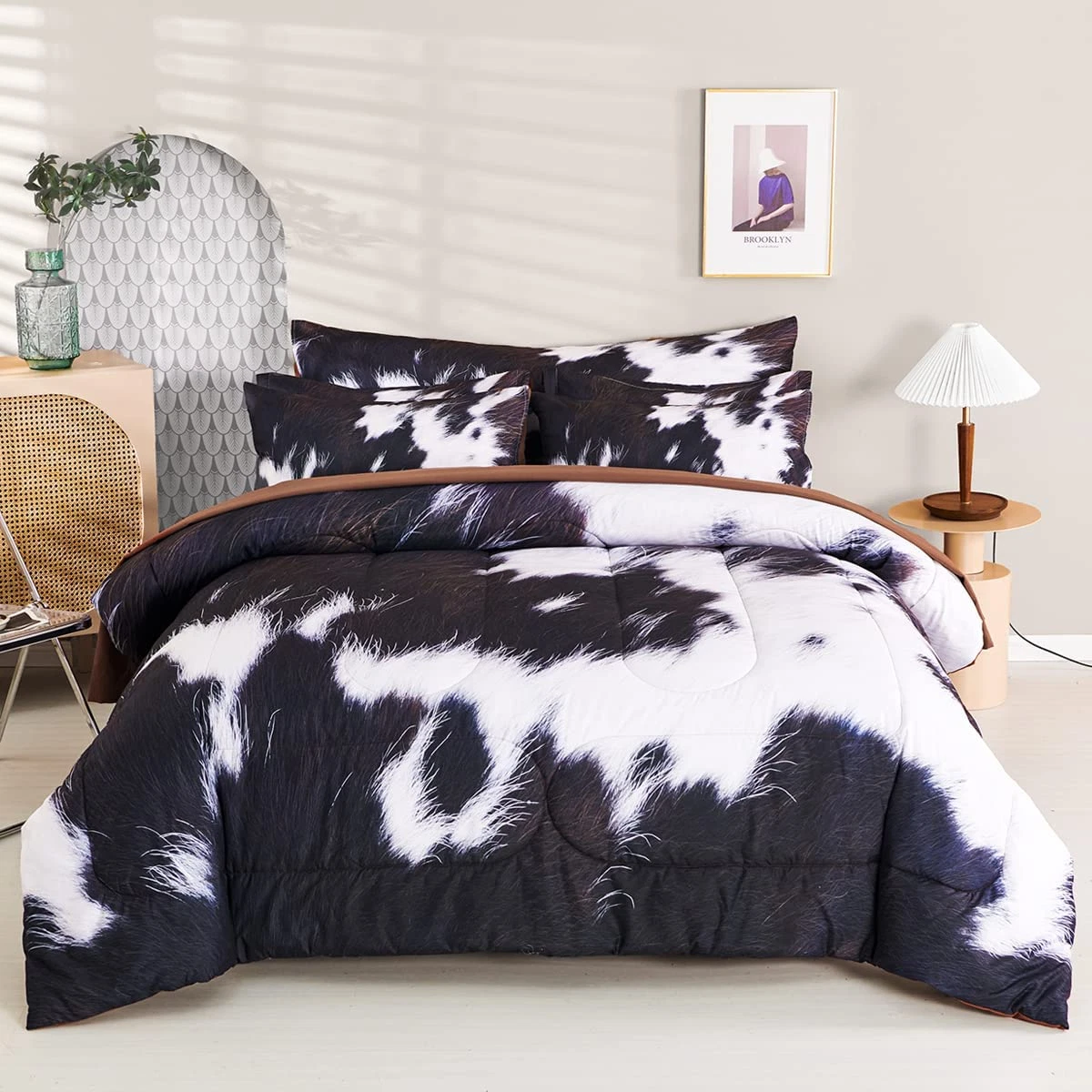 Cow Print Comforter Set Queen Size 8Pcs Cow Fur Print Bed in a Bed Western Hig