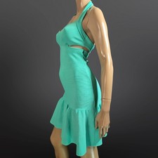 GUESS Aqua Turquoise Mini Bandage Dress With Cutouts Size S Halter V Neck Ruffle