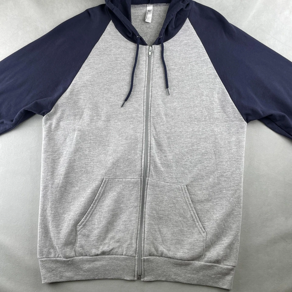 Sudadera con Capucha American Apparel Para Hombres L Gris Jaspeado Azul Marino Raglán Cremallera Completa Hecha en EE. UU. Rara Foto 2 de 4