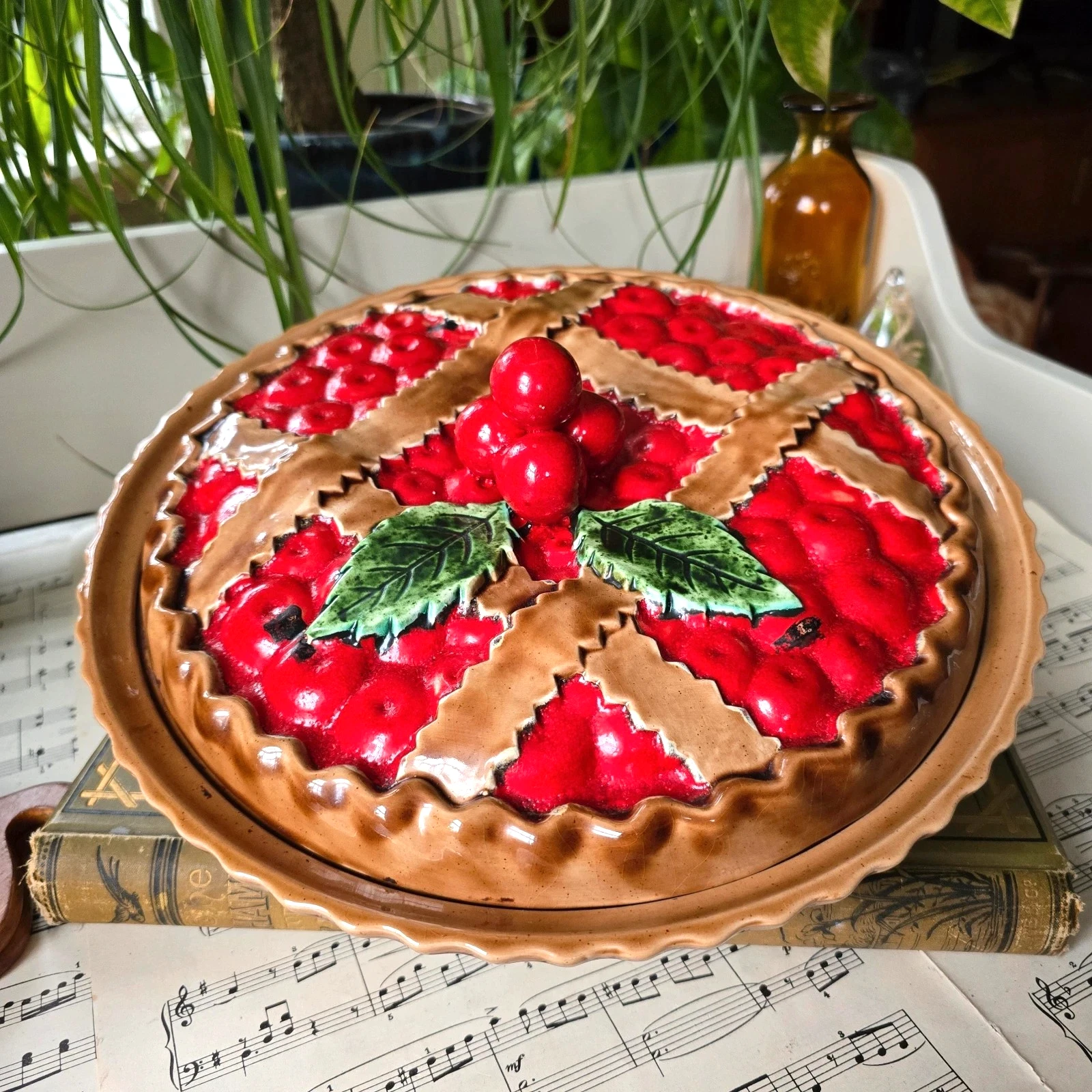 Vintage Pie Dish Silea Portugal Fruits Cherries Majolica country cottage large