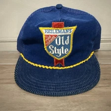 VTG HEILEMAN’S OLD STYLE BEER SNAPBACK HAT BLUE CORDUROY FRONT MESH BACK