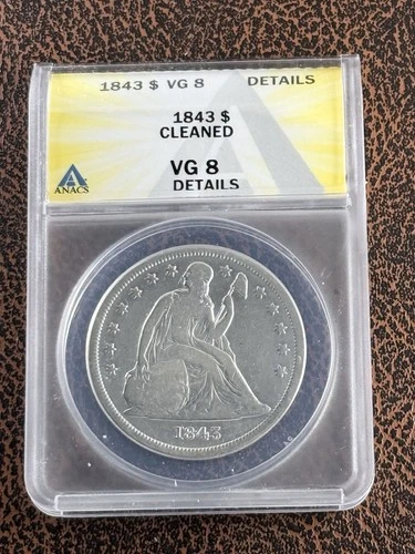 1843 Seated Liberty Silver $1 Dollar ANACS VG8 Details, Free Shipping.