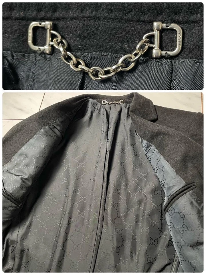 GUCCI Wool Chester Coat Black GG Lining 46R Switzerland Made Vintage - Image 2 of 4