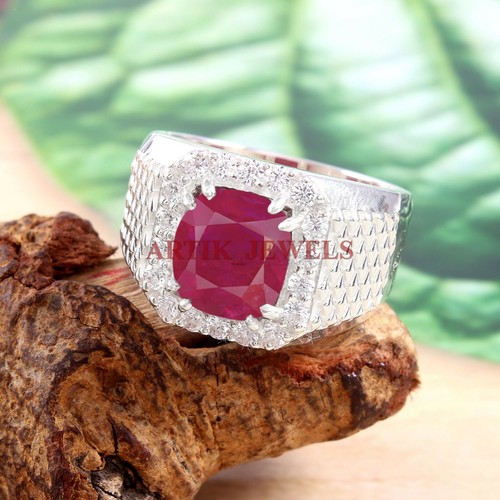 Bague Homme Rubis Chauffé En Argent 925 - Taille Réglable 4 à 16 - Faite Main En Inde