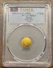 RRR! PCGS TopPop! 1293/6 (1881) Egypt gold 5 Qirsh PCGS MS63 UNC!