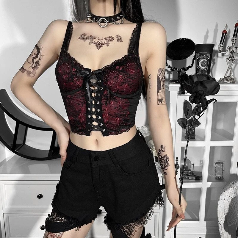 Lace Bodycon Crop Camis Aesthetic Black Red Basic Corset Tank Top