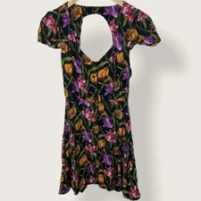 Topshop Tulip Print Tea Dress Open Back Mini Womens Size 4 Orange Purple Floral
