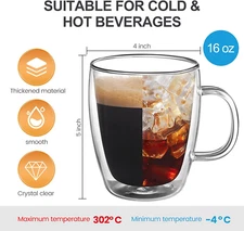 Double Wall Coffee Mugs 4-Pack 16Oz Clear Glass Insulated Cups