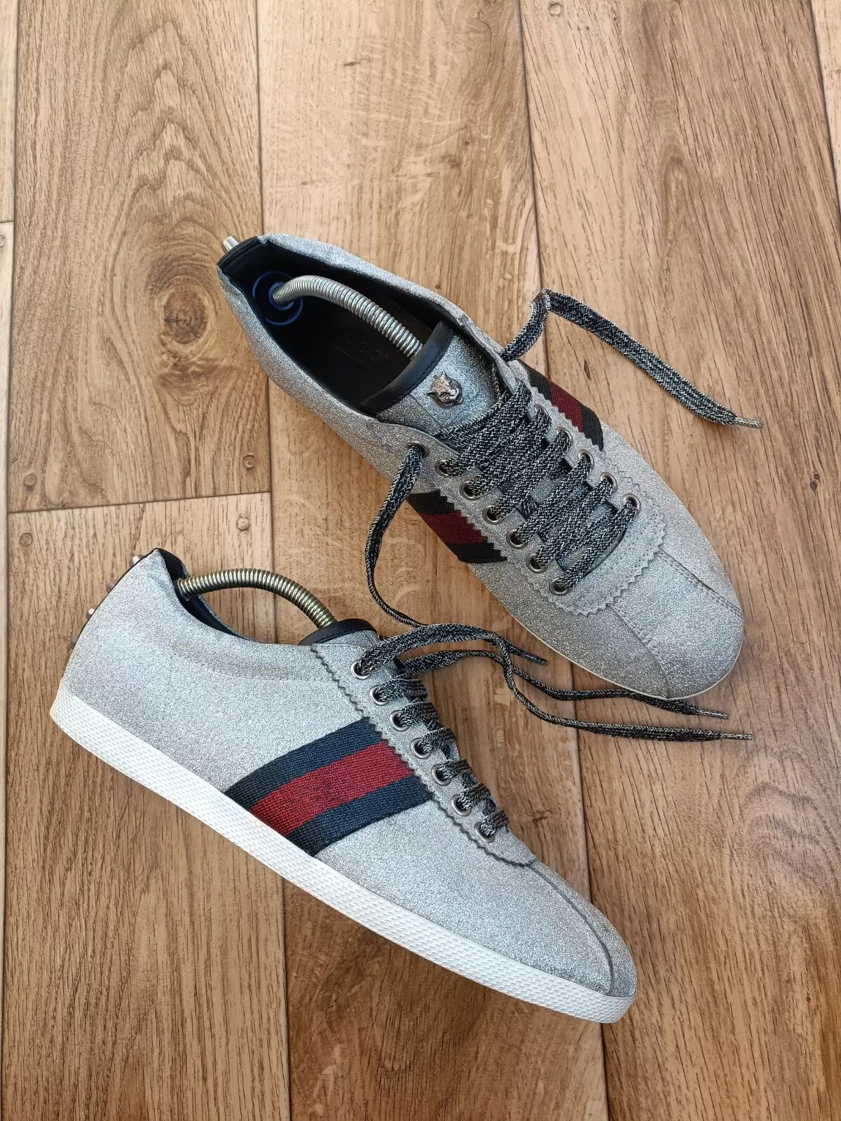 BASKETS GUCCI ARGENT MÉTALLIQUE PAILLETTES WEB BAMBI FALACER TAILLE 40 EU, 8 US, 7 UK