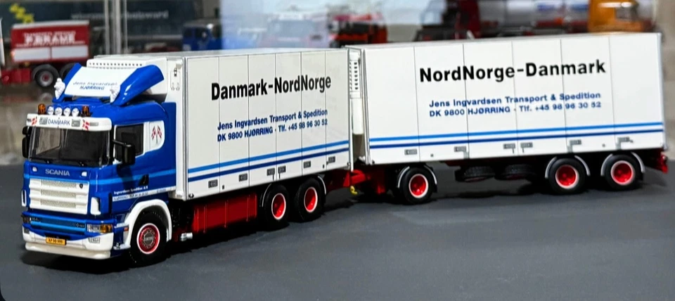 Camión frigorífico Scania R4 aparejado 6x2 combi "Jens Ingvarsen" WSI camiones modelos 1:50 Foto 2 de 4