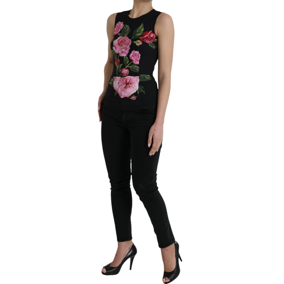 DOLCE & GABBANA Top Black Floral Viscose Round Neck Tank DOLCE & GABBANA Top Black Floral Viscose Round Neck Tank