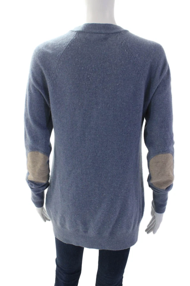 Cárdigan con botones parche en el codo de cachemir azul talla XS Minnie Rose para mujer Foto 3 de 4