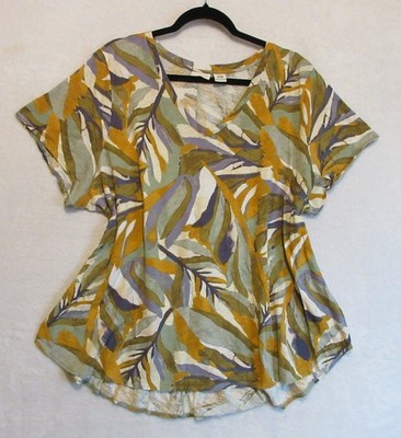 Rachel Zoe T-Shirt Women's Plus Size 3X Multicolor Leaf Print V Neck Stretch Top