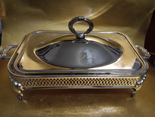 Antico scalda casseruola 12" con coperchio placcato argento con piedini - Foto 2 di 11