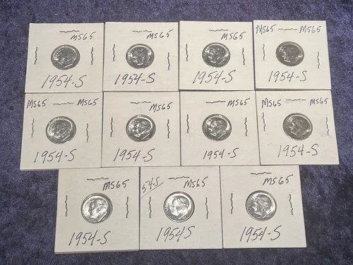 (11) 1954 S Roosevelt Dime 90% Silver Full Bands US 10c Choice Uncirculated Coin