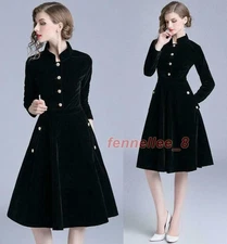 Women's Velvet A-line Dress Stand Collar Retro Stand Collar Slim Fit Long Sleeve
