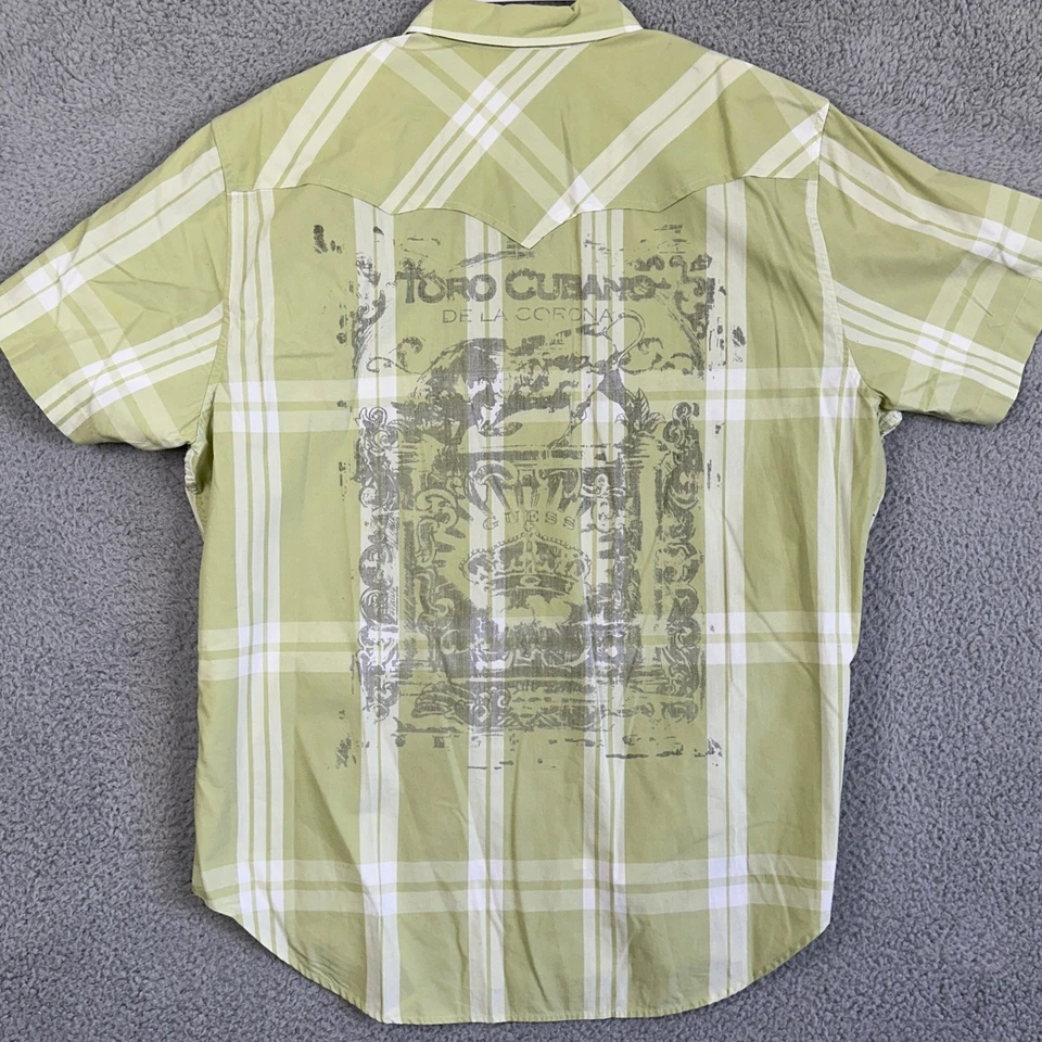 Guess Shirt Button Up Mens 2XL Green White Plaid Pearl Snap Flap Pockets Casual - Image 3 of 4