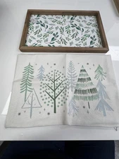 Wood Framed Botanical Tray with Modern Tree Print Pillow Cover – 2-Piece