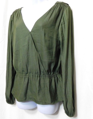 Banana Republic Mock Wrap Silky Satin Top S Long Balloon Sleeve Olive Career NEW - Picture 2 of 7