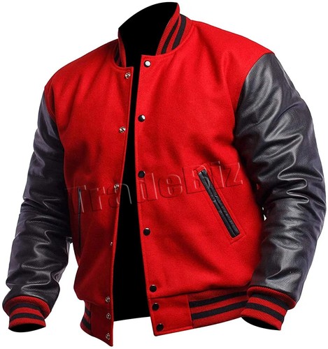 Men's Varsity Bomber Baseball Letterman College Jacket Wool Body & Leather Arms - Picture 7 of 12