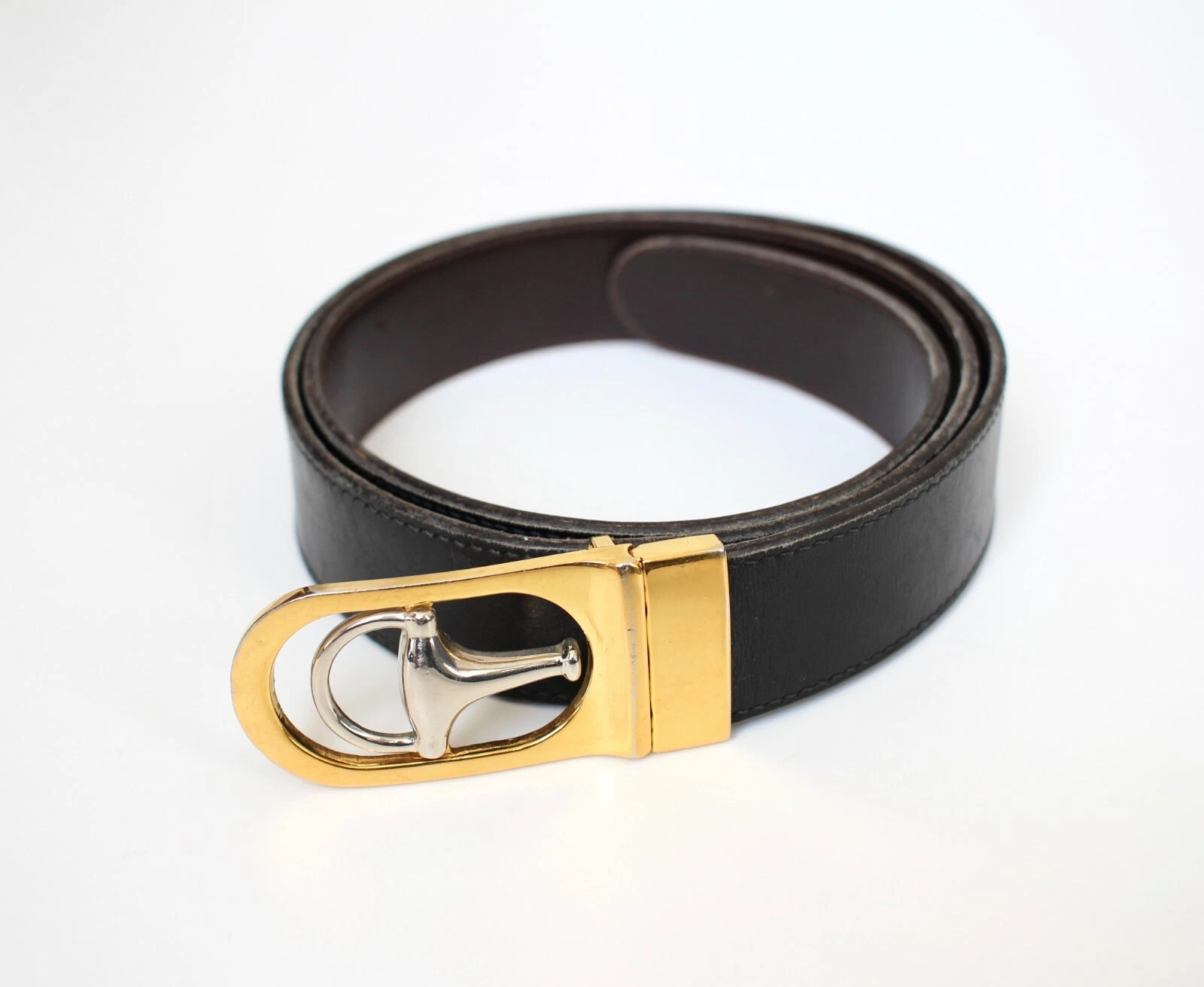 GUCCI Vintage Réversible Or Argent Boucle Mors de Cheval Ceinture Cuir 80cm/31,5