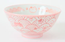 Mino ware Japanese Ceramics Rice Bowl Pink Cat with a Seigaiha Wave Pattern