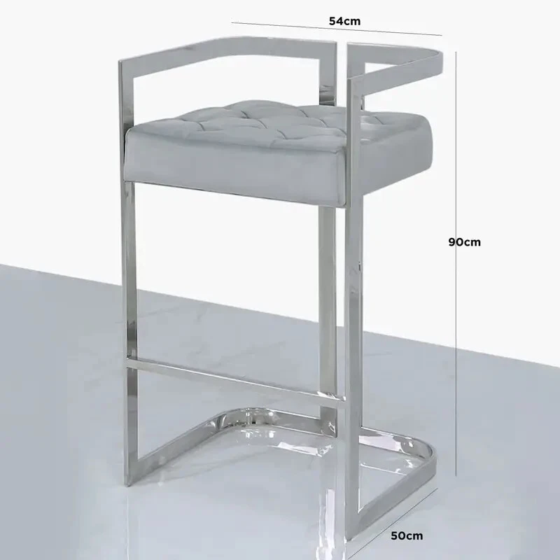 Grey Velvet Bar Stool with Backrest Chrome Stainless Steel Frame Modern - Image 2 of 4