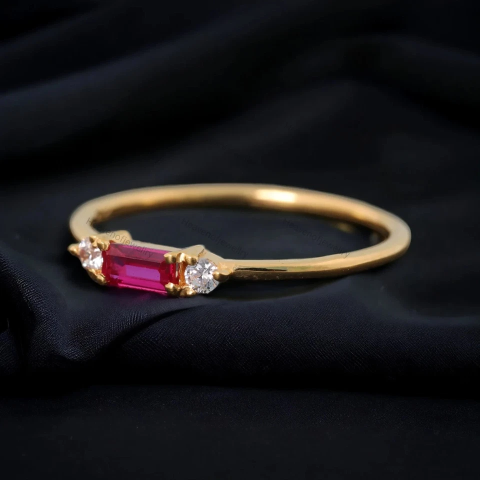 Vintage Baguette Cut Pink Ruby Ring Stackable Three Stone Art Deco Jewelry ring - Image 4 of 4